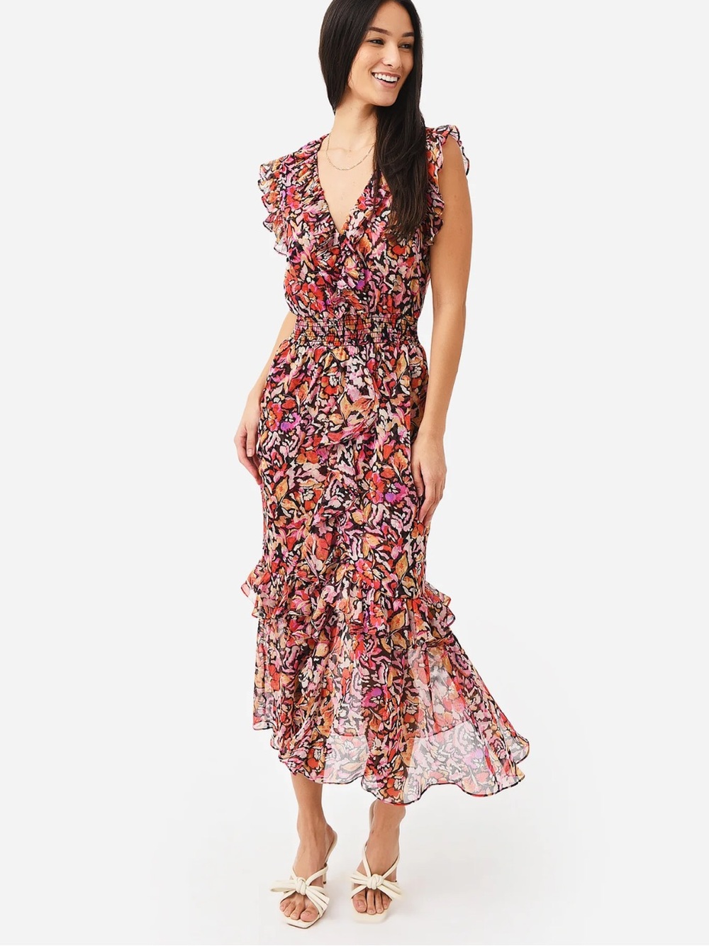 MISA Los Angeles Kidada Midi Dress Fire Flora Ruffle Chiffon Smocked Size Medium
